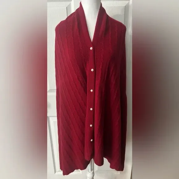 RanRui Cashmere Wool Wrap Buttoned Sweater Shawl Deep Red Maroon Women’s OS - Picture 1 of 8
